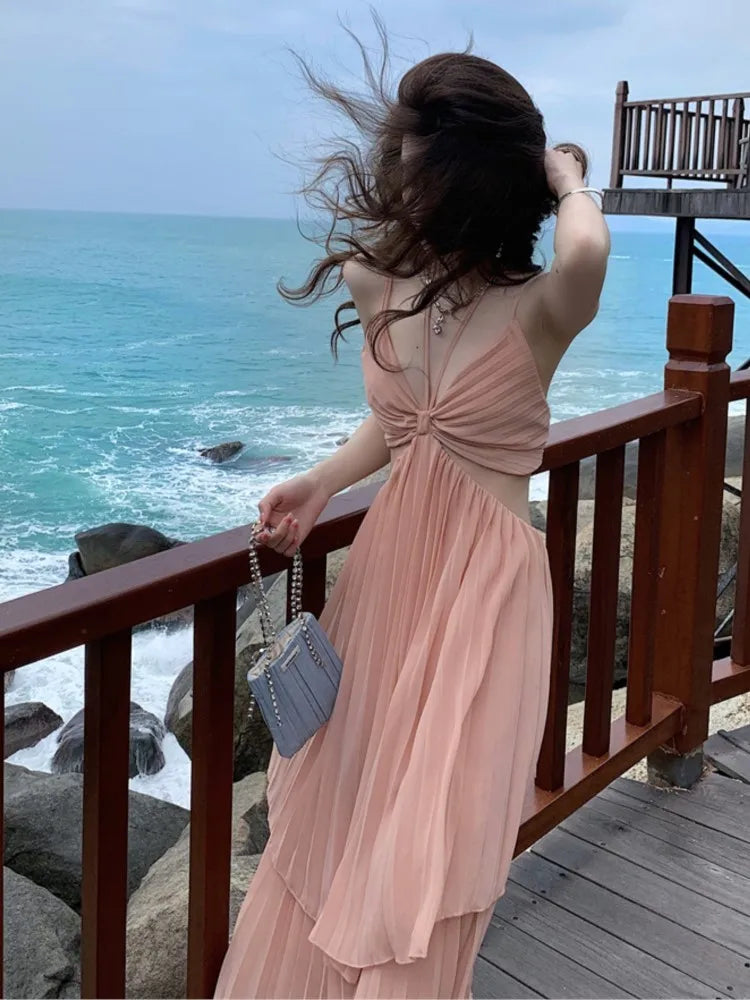 jinran Summer New Fashion Women Sexy Pleated Boho Long Dress Vacation Beach Strap A line Ladies Robe 2024 Sundress