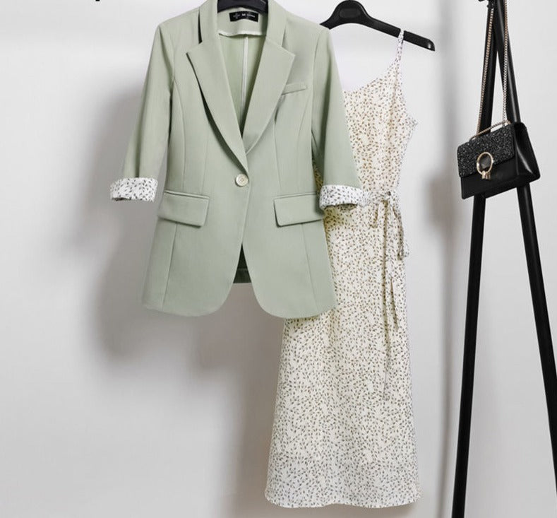 jinran Women's Graceful Spring Summer Work Clothing 2022 Office Lady Thin Suit Coats+Chiffon Print Sling Dress Casual Blazers Female