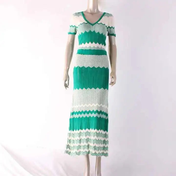 jinran Women Contrast Knitted Slim Maxi Dress Fashion Round Neck Short Sleeve Dresses 2024 Autumn Elegant Lady Vacation Street Vestido