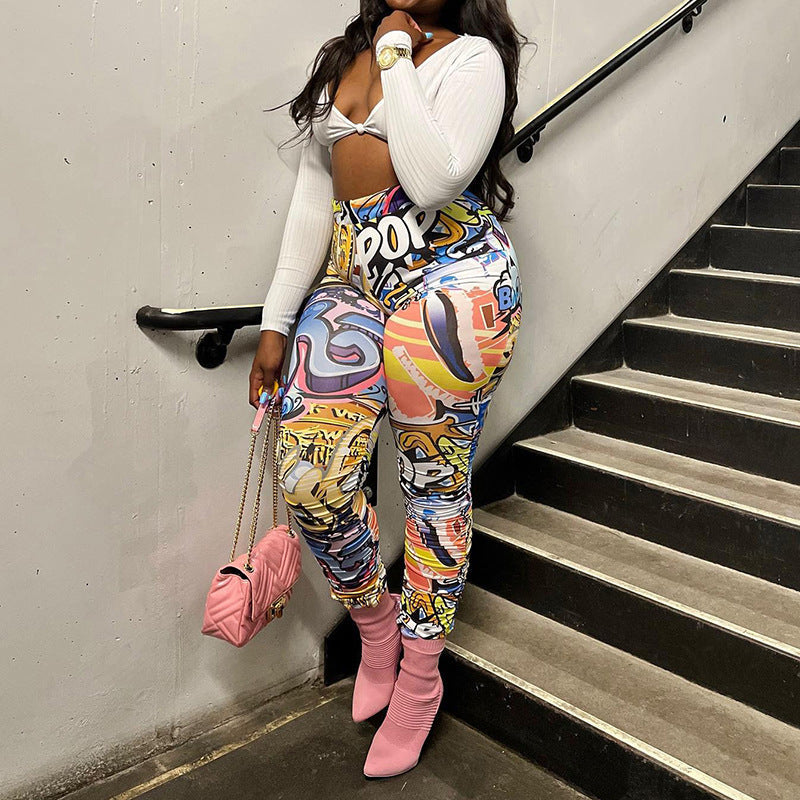 jinran Summer Women Casual Y2K Clothes Tie Dye Print Ruched Side Slit High Waist Pants Graphic Aesthetic Hip Pop Drop Shipping