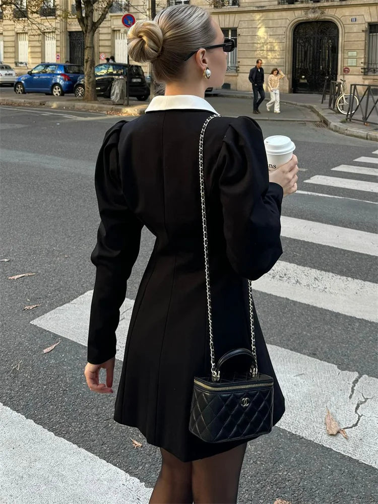 nvxiot - Autumn Fashion Elegant Mini Dress For Women Patchwork Slim Long Sleeve V-Neck High Waist Commute Female Party Dress 2024