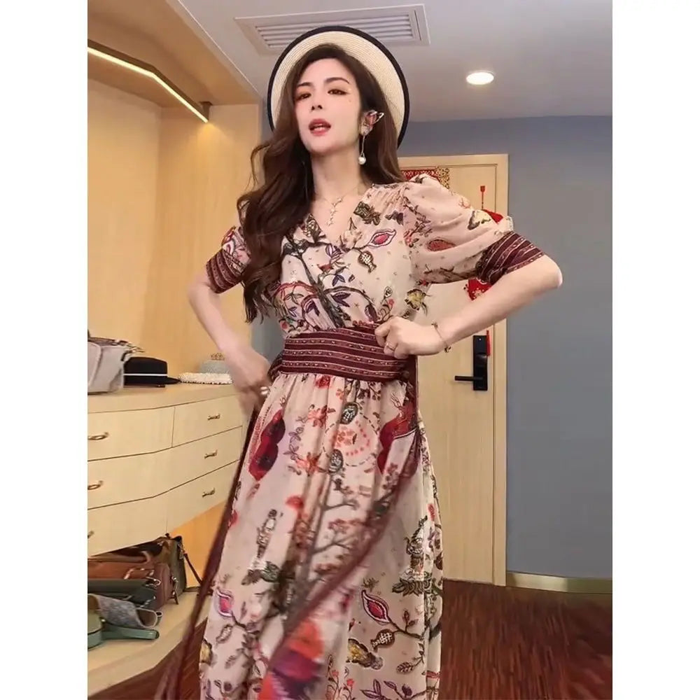 jinran Korean Fashion Puff Sleeve Floral Dress Loose Waist With Bandage New Women's Summer Dresses Elegant Casual Midi Vestidos Mujer
