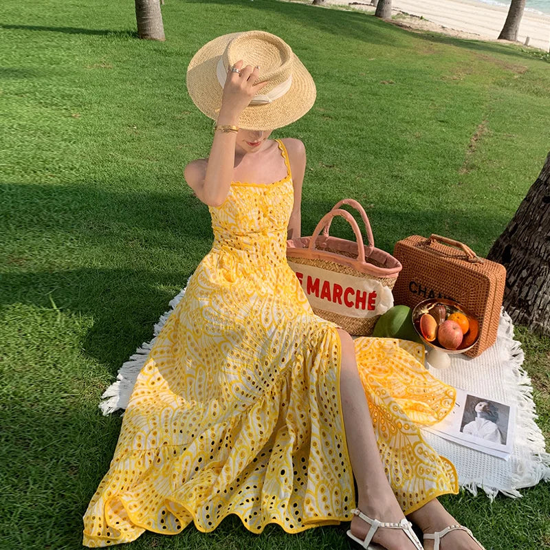 jinran Fashion Women Summer Embroidery Cotton Midi Long Dress Beach Straps Sundress Hollow Out Sexy Backless Prom Evening Robe