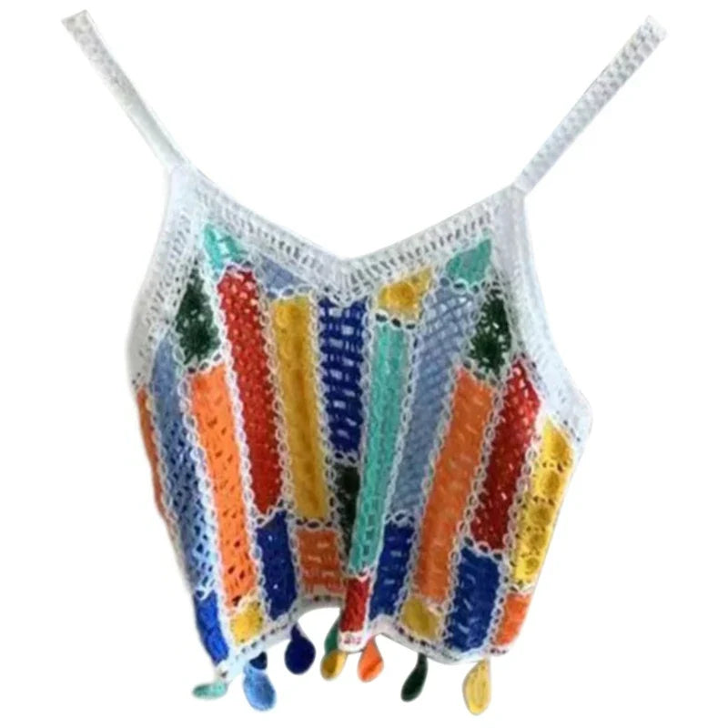 jinran Women Bohemian Crocheted Sleeveless V-Neck Camisole Summer Hollowed Knitted Colorful Tassels Thin Straps Crop Top