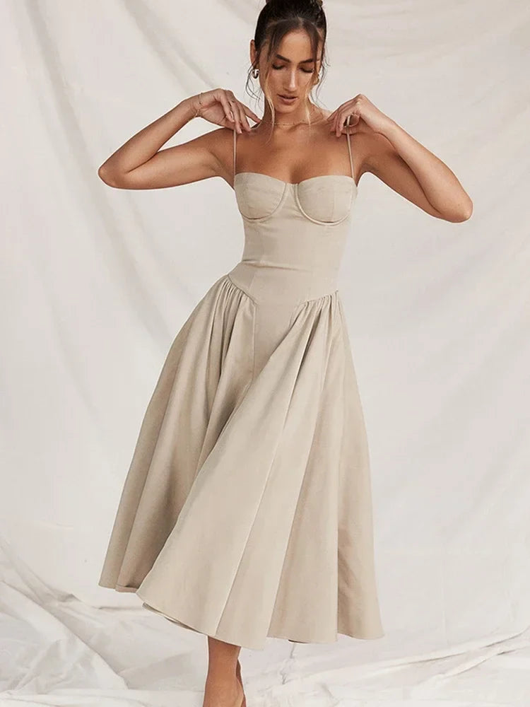 jinran Summer Elegant Midi A Line Dress Lovely V Neck Spagehetti Strap Holiday Party Dress Casual Women New Arrivals 2024