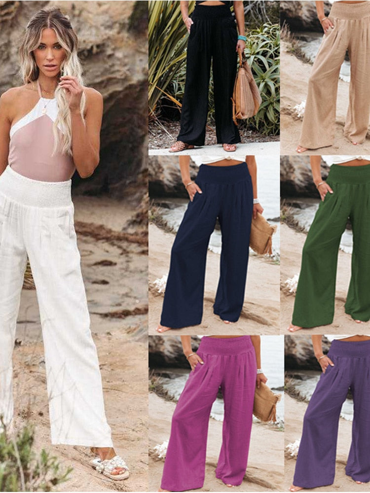 jinran Spring Summer Cotton Linen Women Pants Pockets Solid Casual White Wide Leg Office Lady White Long Trousers Khaki