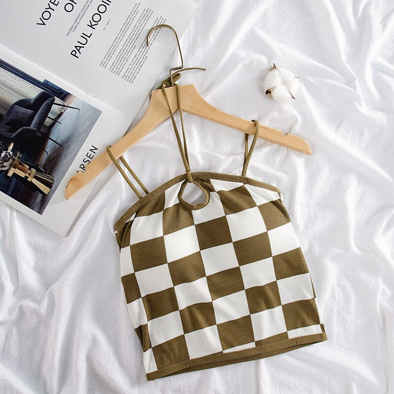 jinran Retro Checkerboard Crop Top Women Y2K Gyaru Sexy Halter Top Summer Fashion Fixed Cup Camisole Smooth Breathable Tank Top