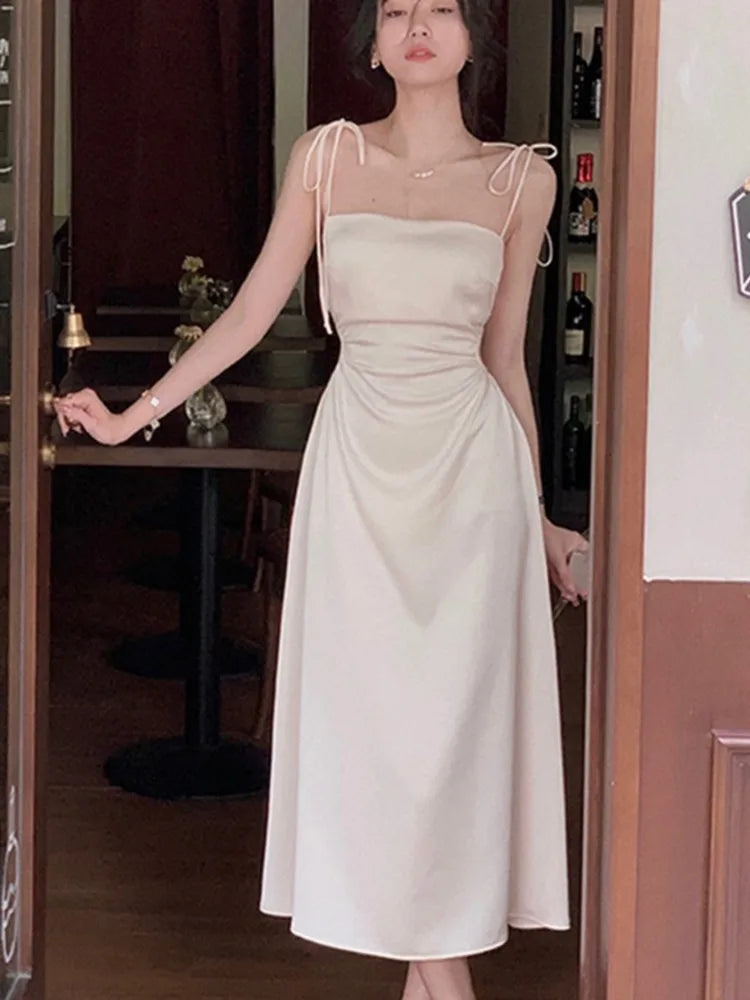 jinran Sexy Satin Midi Dress Women Spaghetti Strap Backless Summer Holiday Slim Vintage Wedding Prom Robe One Piece Vestidos Mujer New