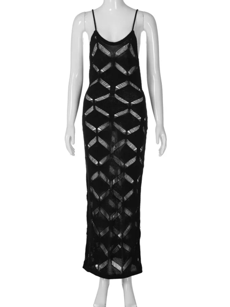 jinran Hollow Out Sexy Maxi Dress For Women Summer New Spaghetti Strap Sleeveless Backless Bodycon Long Dress Elegant