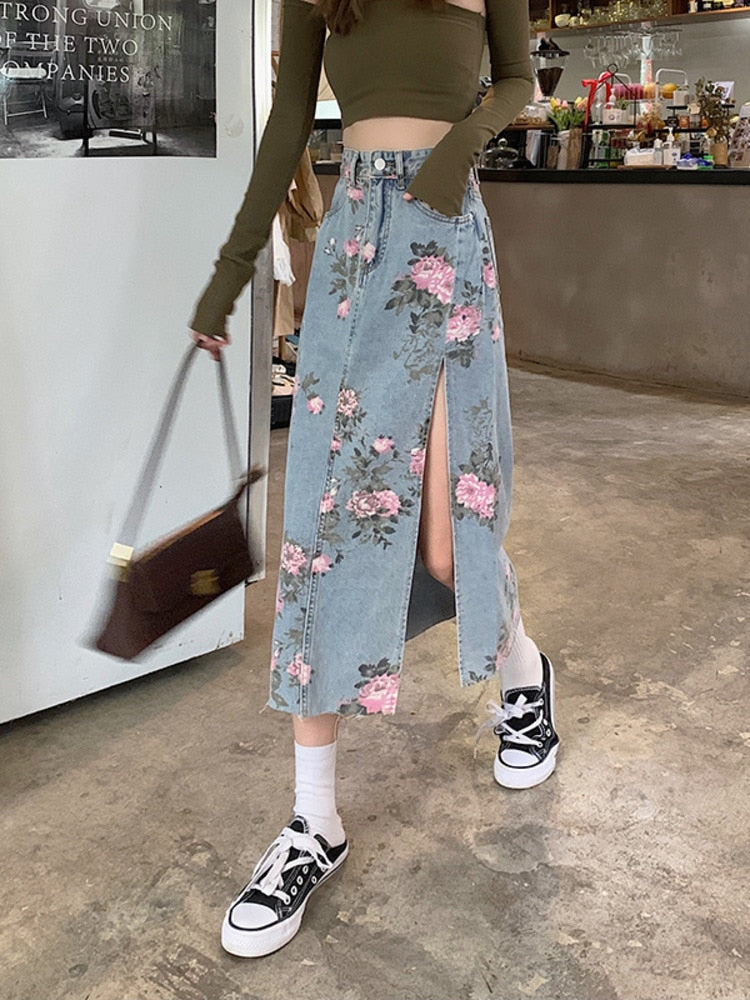 jinran Spring And Summer Trendy Flower Split Denim Skirt Women's 5XL Slightly Fat MM Thin Bag Hip Mid-length A-line Skirt