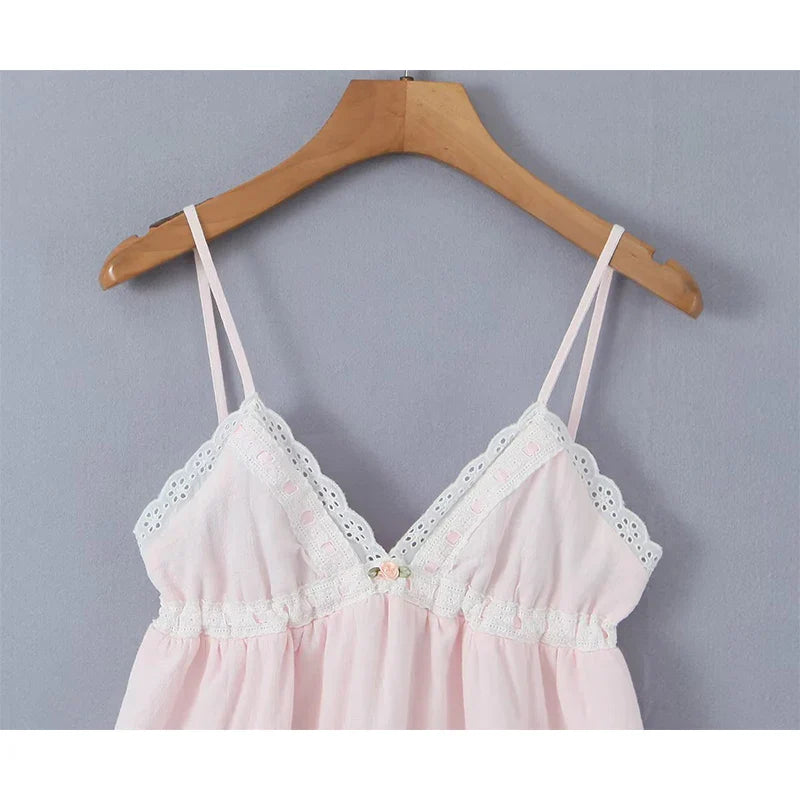 jinran 2024 Women Sweet Lace Spliced Pink Sling Mini Dress Sexy Sleeveless V Neck Female Holiday Summer Dresses Party Robe