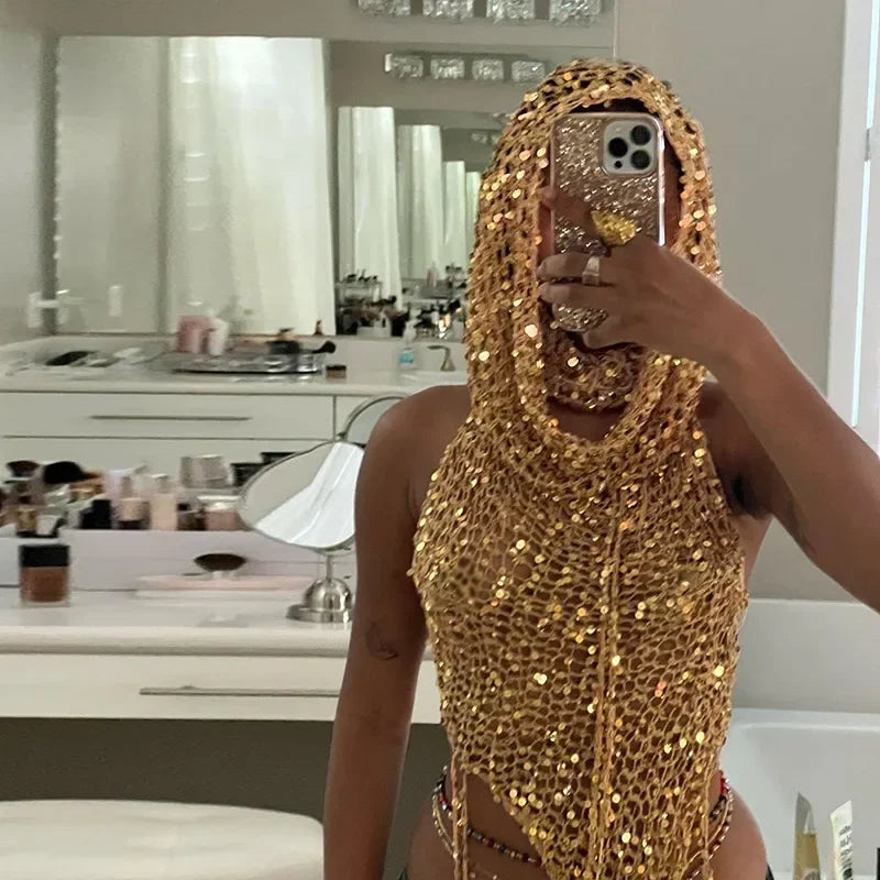 jinran Gold Sequin 2 Piece Knit Set Women Hooded Top and Shorts Trashy Y2k Streetwear Sexy Summer Rave Outfits Sets Two Piece Set