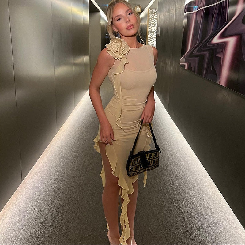 jinran Sexy Summer Women See Through Mesh Sheer Irregular Hem Tank Dress Sleeveless Ruffle Hem Bodycon Dress Clubwear