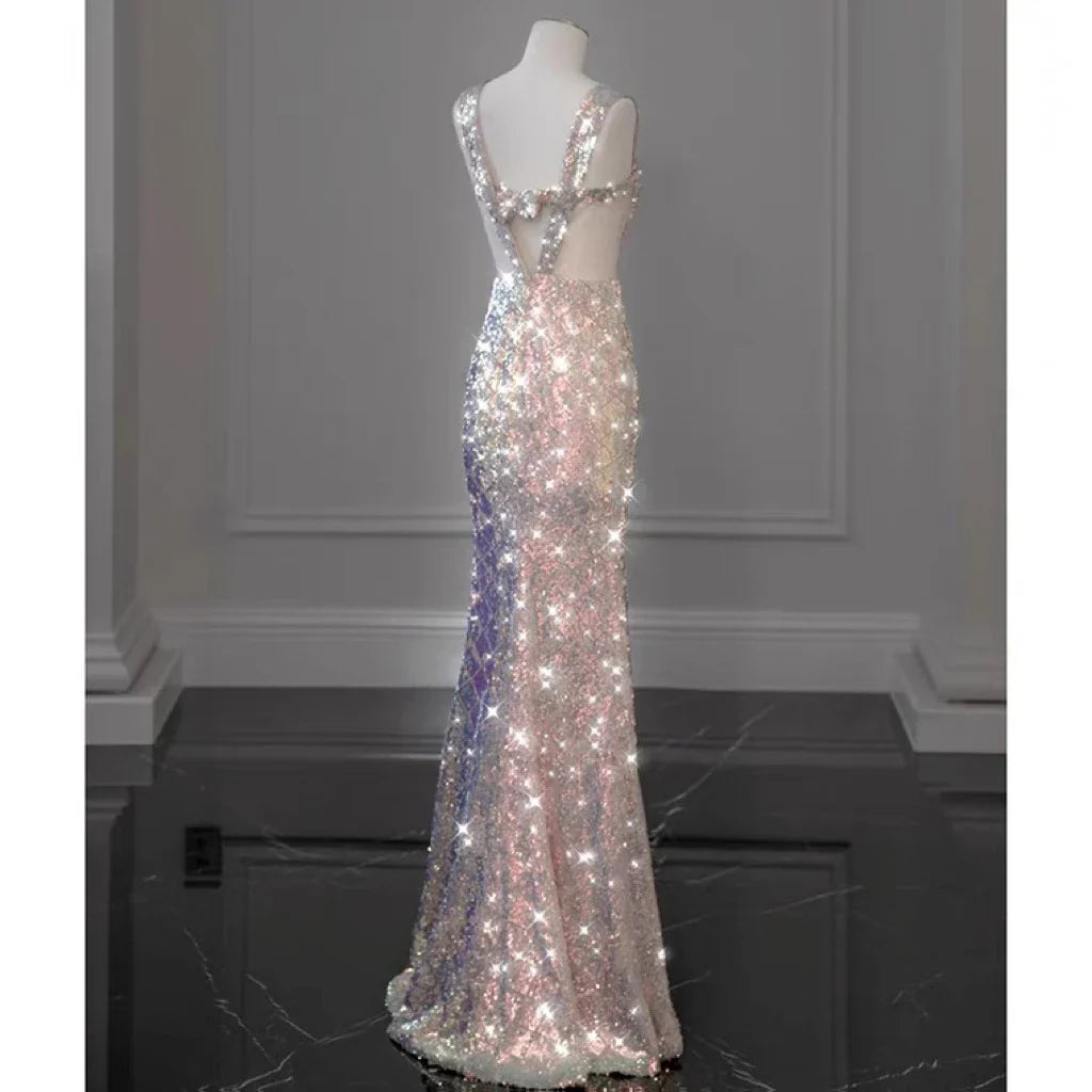 jinran Shiny Pink Mermaid Evening Dresses Bowknot Sequined Beading Detachable Tailing Halter Collar Customize Luxury Prom Gowns 2024