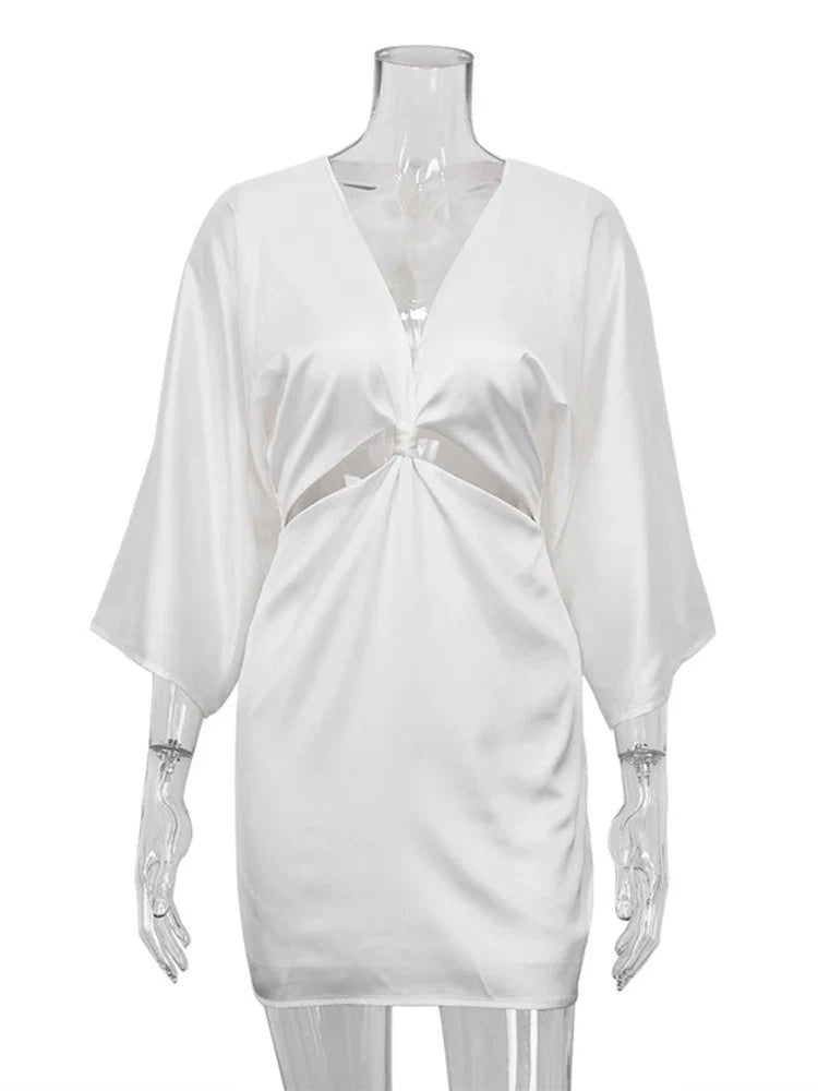 jinran Women Hollow Out Deep V-neck Sexy Mini Dress Ladies Bow Satin Bodycon Dresses White Casual Fashion Streetwear Summer 2024