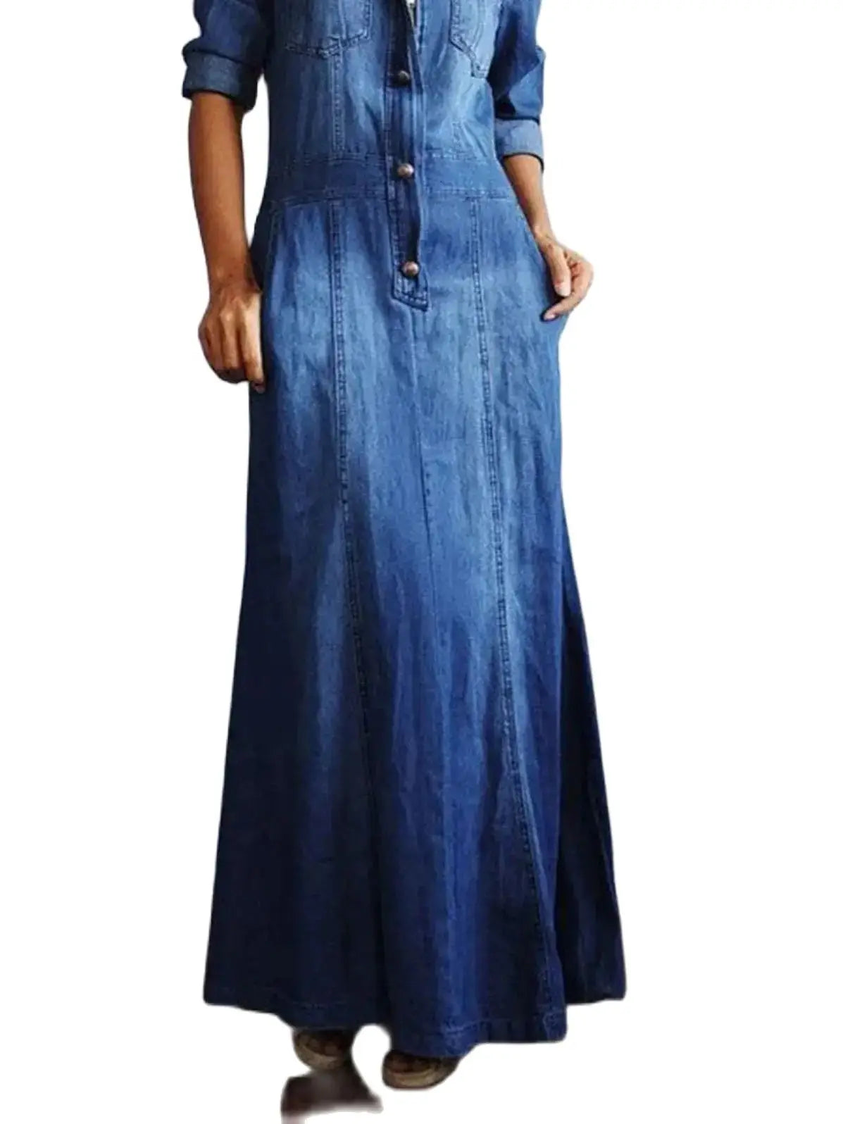 jinran Dress for Women 2024 Spring Korean Fashion Vintage Denim Dress A-line Long Sleeve Button Zipper Pocket Maxi Dress Lady Clothing