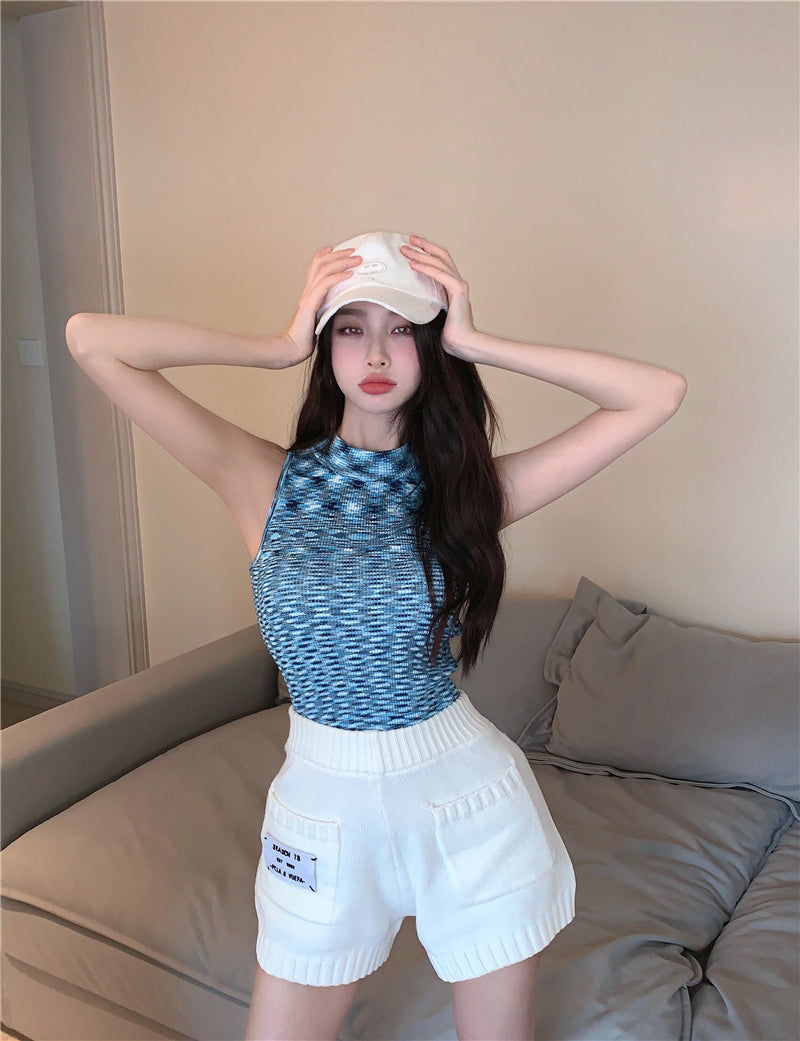 jinran Summer All-match Slim Letter Patch Knitted Shorts Female Casual Pockets White Women's Shorts Sexy Lady Elastic Waist