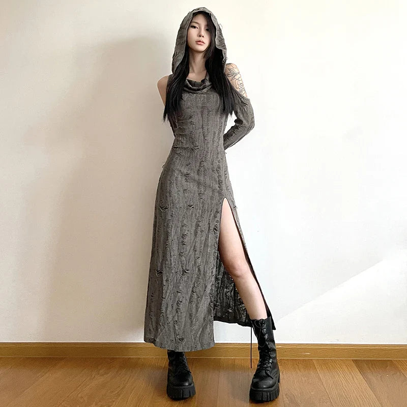 jinran Waste Soil Style Distressed Hooded Dress Elegant Slim Slimming and Shoulder Hollow Design for Women Spring Summer