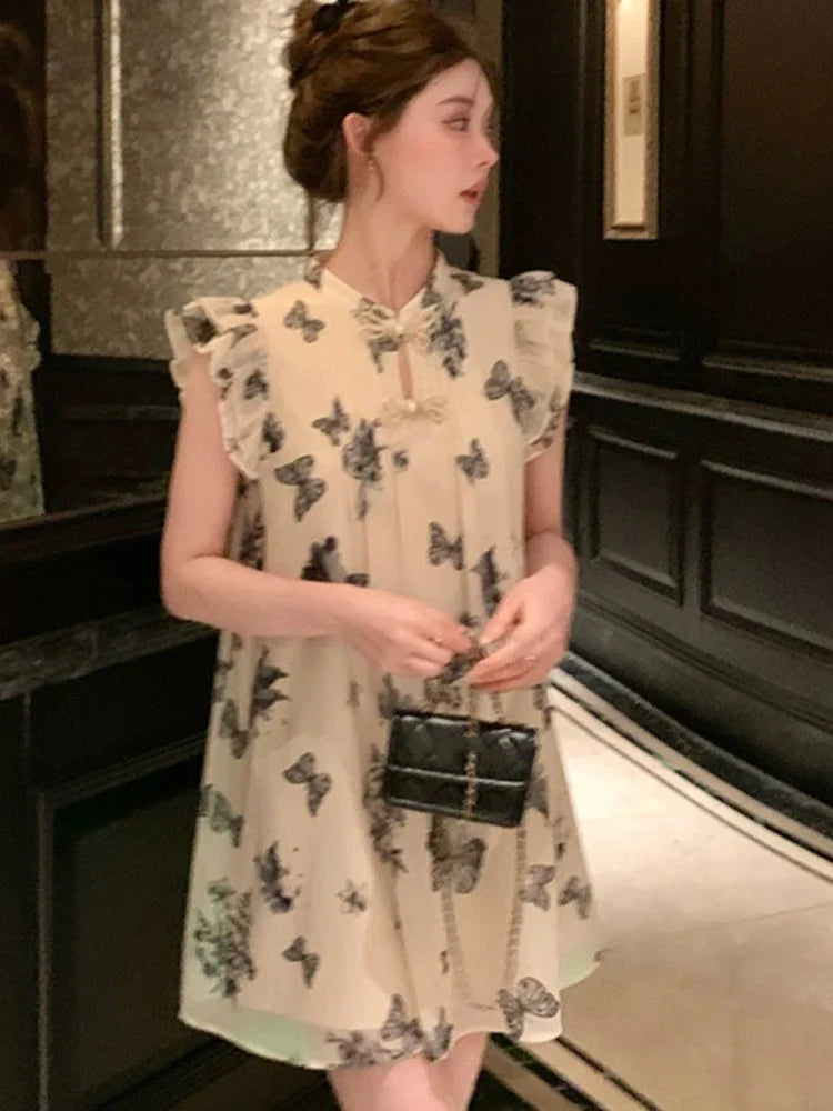 jinran Elegant Dresses for Women Summer New Chinese Style Butterfly Print Casual Party Dress Female Vintage Vestido Prom Robe 2024