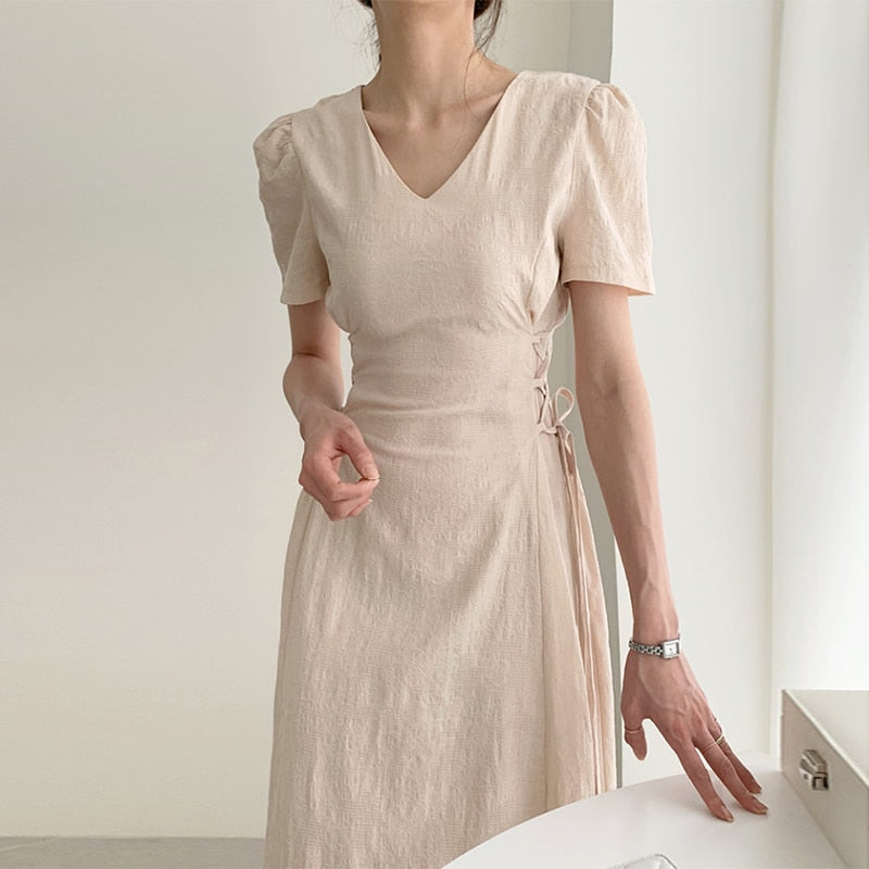jinran Dresses Women Summer Beige Dress Jacquard Elegant Drawstring Clothes V-neck 2023 Fashion Korean Short Sleeve High Waist