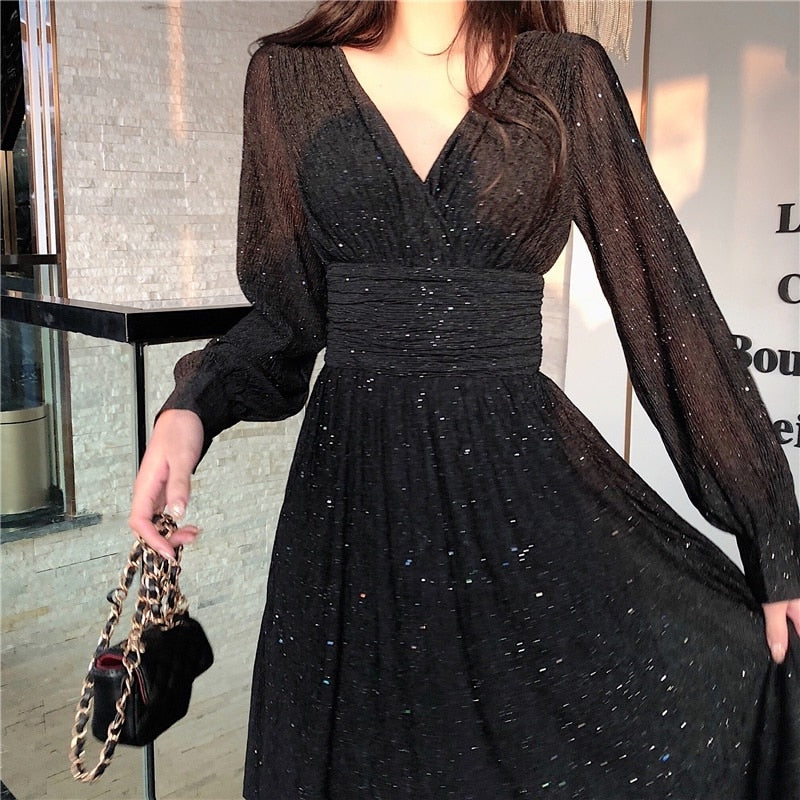 jinran Vintage Sexy Maxi Dresses for Women Party Sequin Midi Dress Female Casual Chiffon Slim Korean Woman Dress Elegant Autumn