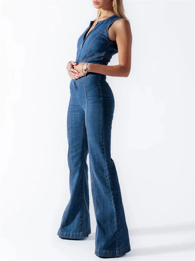 jinran Women's Jumpsuit Bodycon Backless Heart Hollow Out Summer Sexy Sleeveless Slim One-Piece Outfits Retro Denim Jumpsuits 2024