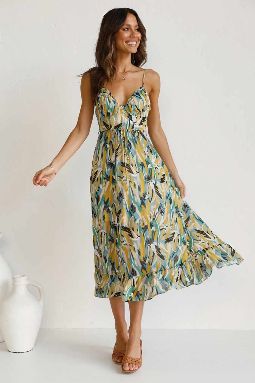 jinran Summer new women's fashion casual color print halter sleeveless deep v waist dress