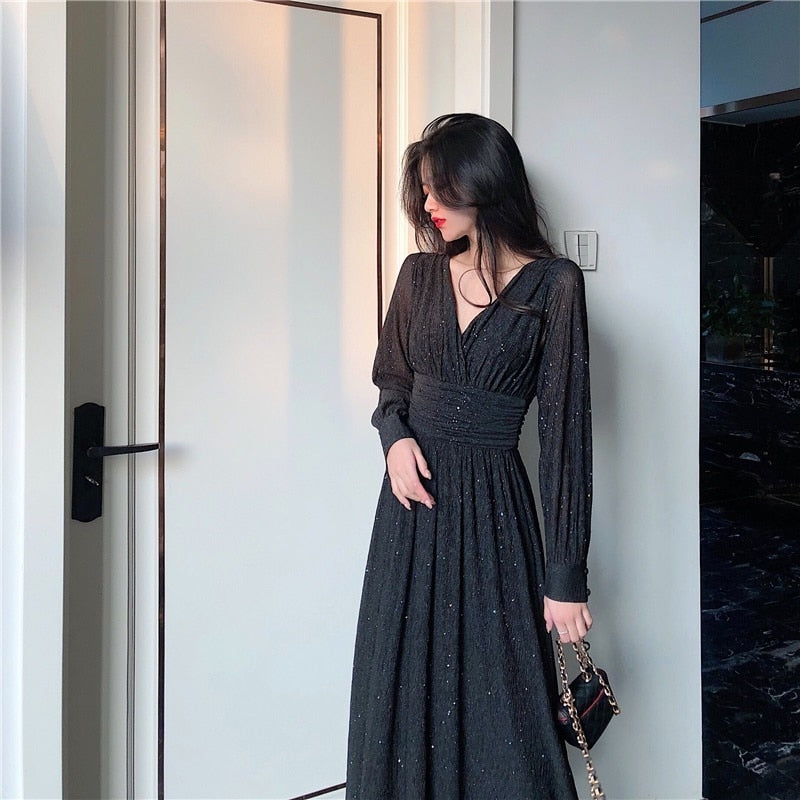 jinran Vintage Sexy Maxi Dresses for Women Party Sequin Midi Dress Female Casual Chiffon Slim Korean Woman Dress Elegant Autumn