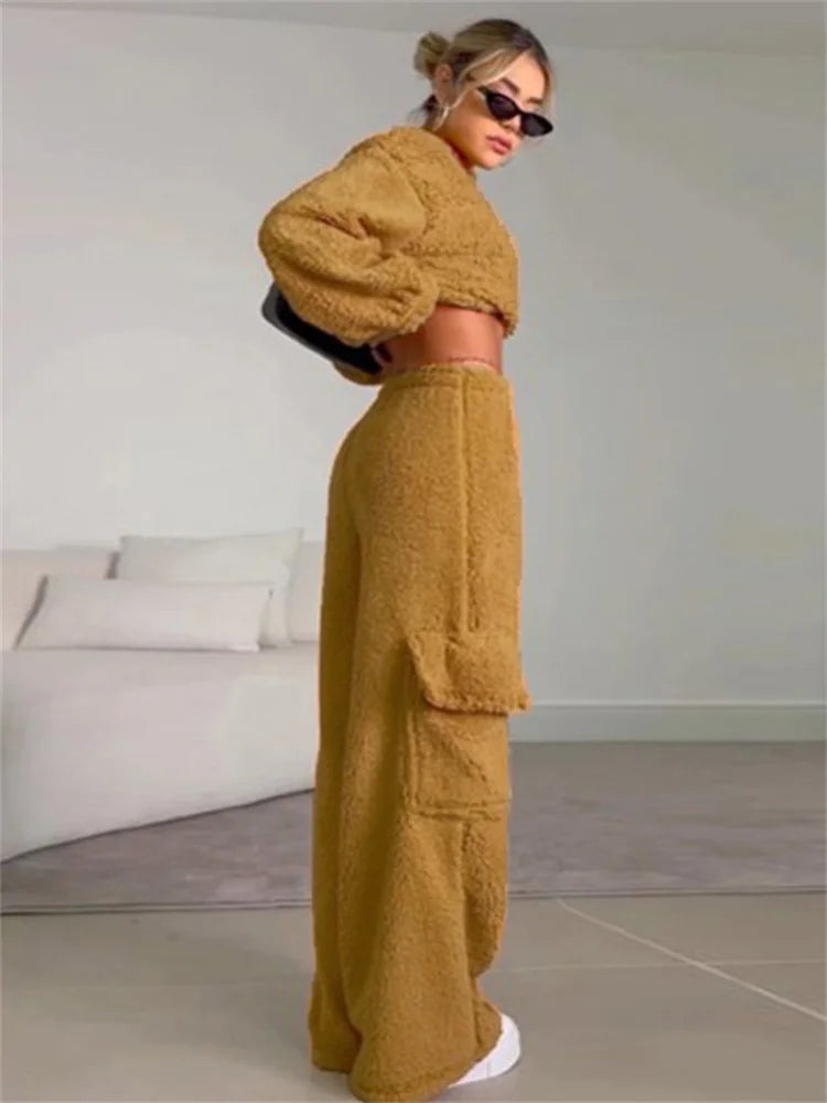 nvxiot - Autumn Loose Fashion 2 Piece-Set Trousers For Women Cropped Pullover Top And High Waist Patchwork Women's Pants Sets 2024