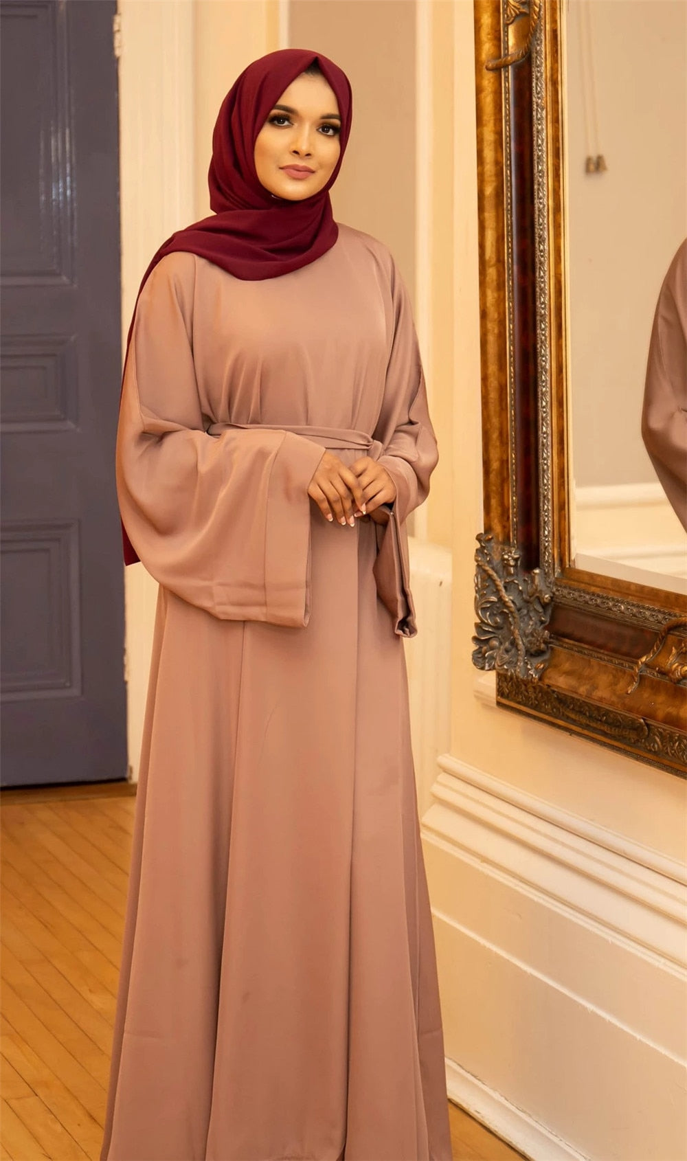 jinran Summer Elegant Solid Color Colorful Temperament Long Skirt Ladies Open Shouder Robe Satin Large Size Belt Muslim Woman Abaya