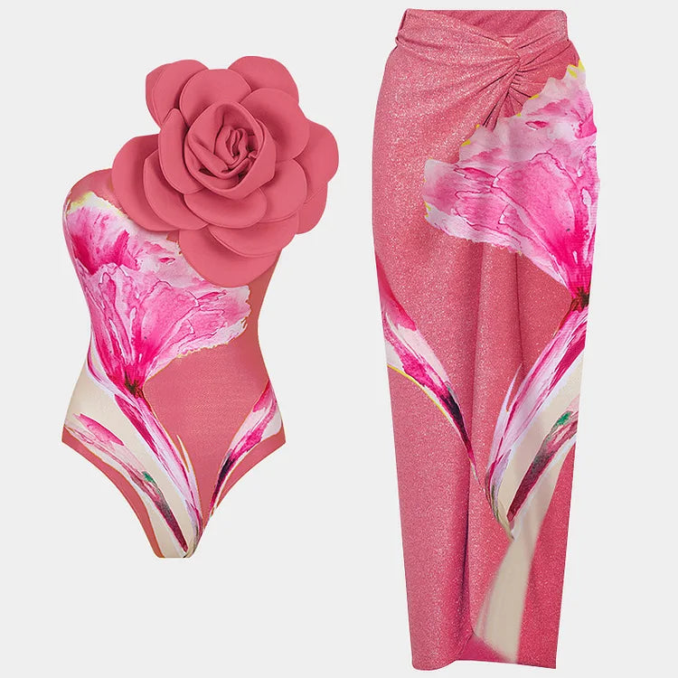 jinran 2024 New 3D Flower One Shoulder One Piece Swimsuit For Women Swimwear with Skirt Bathing Suit Monokini Beach Bodysuit Beach Wear