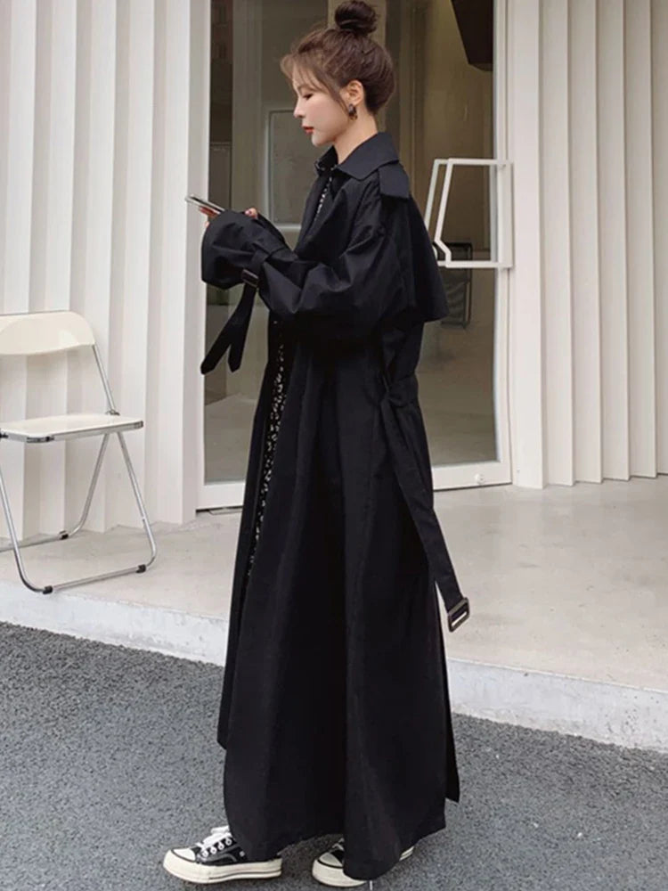 jinran Spring Autumn Extra Long Flowy Oversized Casual Trench Coat for Women Belt Double Breasted Loose Korean Fashion 2024