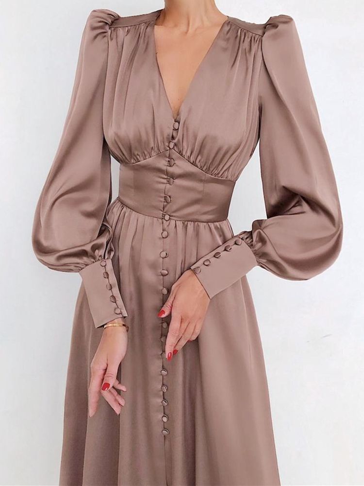 jinran Women Autumn Puff Sleeve Elegant Dress Long Sleeve V Neck Slim Waist Long Dress Korean Fashion Vintage Dresses Female