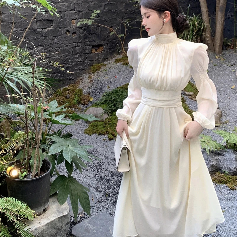 jinran 2024 Autumn Vintage Long Dress Women Stand Collar Long Lantern Sleeve High Waist Dresses Elegant Chic Party Dress