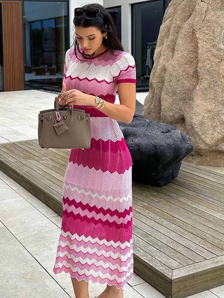 jinran Women Contrast Knitted Slim Maxi Dress Fashion Round Neck Short Sleeve Dresses 2024 Autumn Elegant Lady Vacation Street Vestido