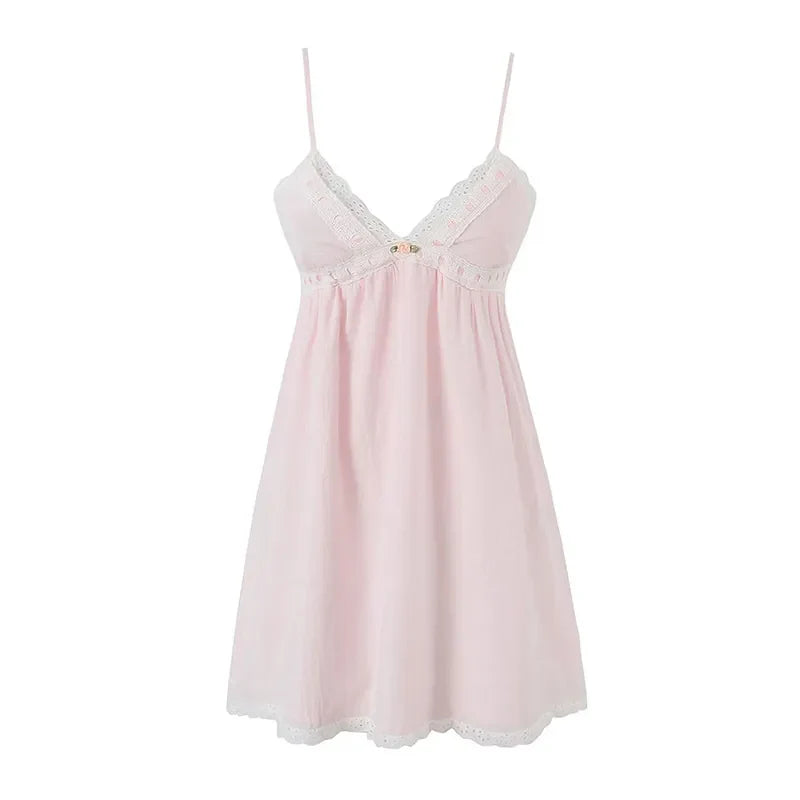 jinran 2024 Women Sweet Lace Spliced Pink Sling Mini Dress Sexy Sleeveless V Neck Female Holiday Summer Dresses Party Robe