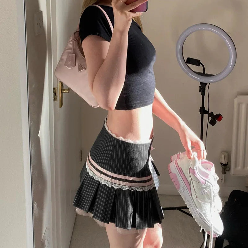 jinran Summer Skirt Women Sweet Streetwear Fashion Lace Patchwork Bandage Casual Sexy Slim Mini Skirt Solid Party Elegant Skirts Female