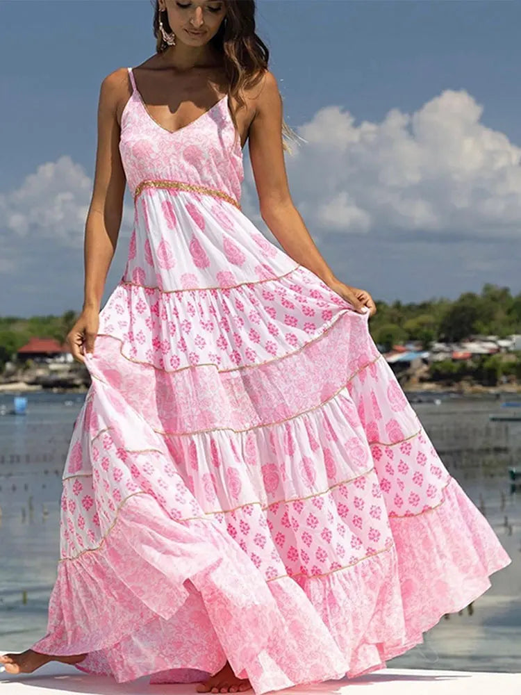 jinran Print Ruffles Oversized Hem Women Dress Fashion Loose Long Backless Sling Vestidos Spring Summer Casual Beach Female Robe