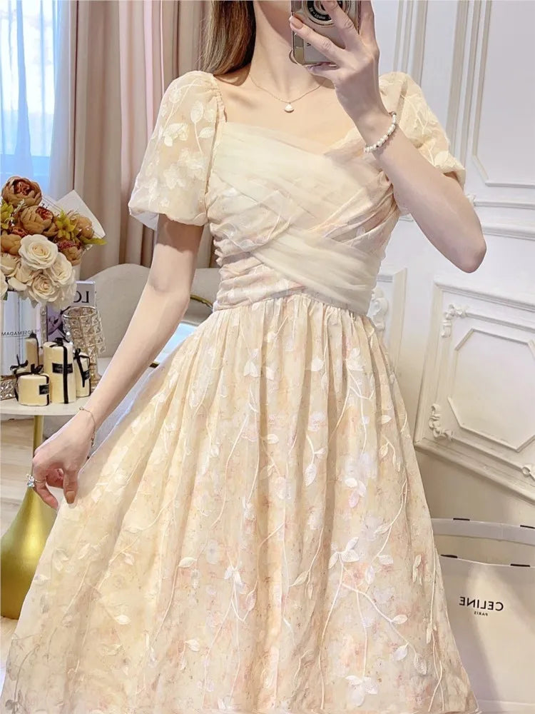 jinran Summer Puff Sleeve Women Dress For Party French Eleganrt Floral Print Vestidos Lady Dresses Sweet Birthday Female Robe A-line