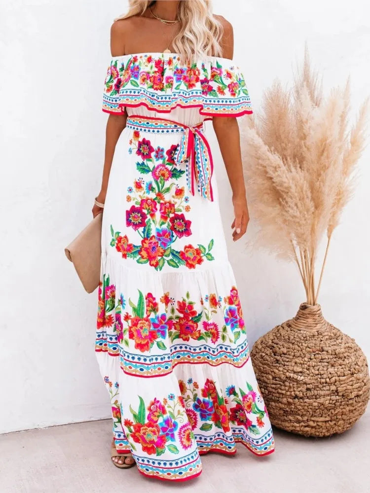 jinran Summer Women Print Boho Dress Fashion Sexy Slash Neck Maxi Dresses For Femme Casual Elegant Party Vestidos Robe 2024 New Female