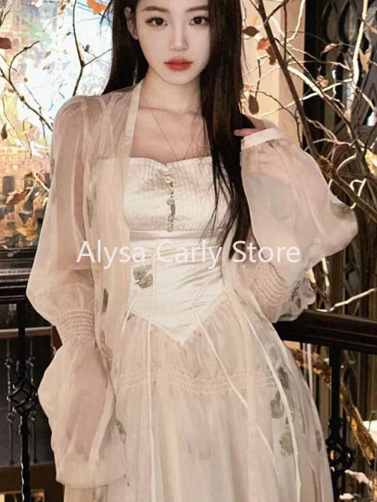 jinran Vintage Floral Dress Women Elegant Korean Style Patchwork Slip Dress Female Casual Party Long Fairy Dress Autumn 2024