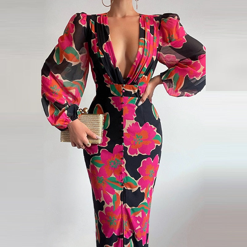 jinran Women Sexy Button V-Neck Slit Party Dress Lady Elegant Print Slim Maxi Dress Spring Summer Casual Long Sleeve High Waist Vestido