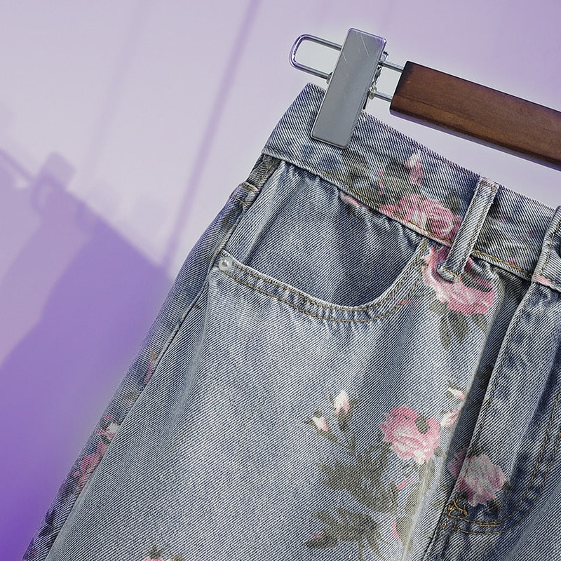 jinran Spring And Summer Trendy Flower Split Denim Skirt Women's 5XL Slightly Fat MM Thin Bag Hip Mid-length A-line Skirt