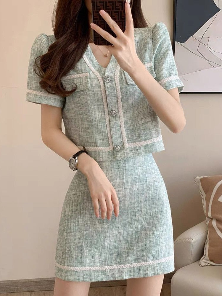 jinran French Vintage Small Fragrance Two Piece Set Women Short Jacket Coat + Mini Skirt Sets Korean Fashion Summer 2 Piece Outfit