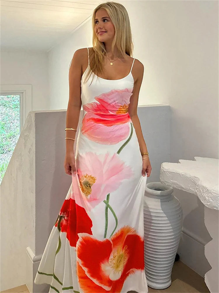 jinran Summer Printed Halter Dresses For Women Fashion Beach Holiday Spaghetti Backless Maxi Dress Female Elegant Party Dress New