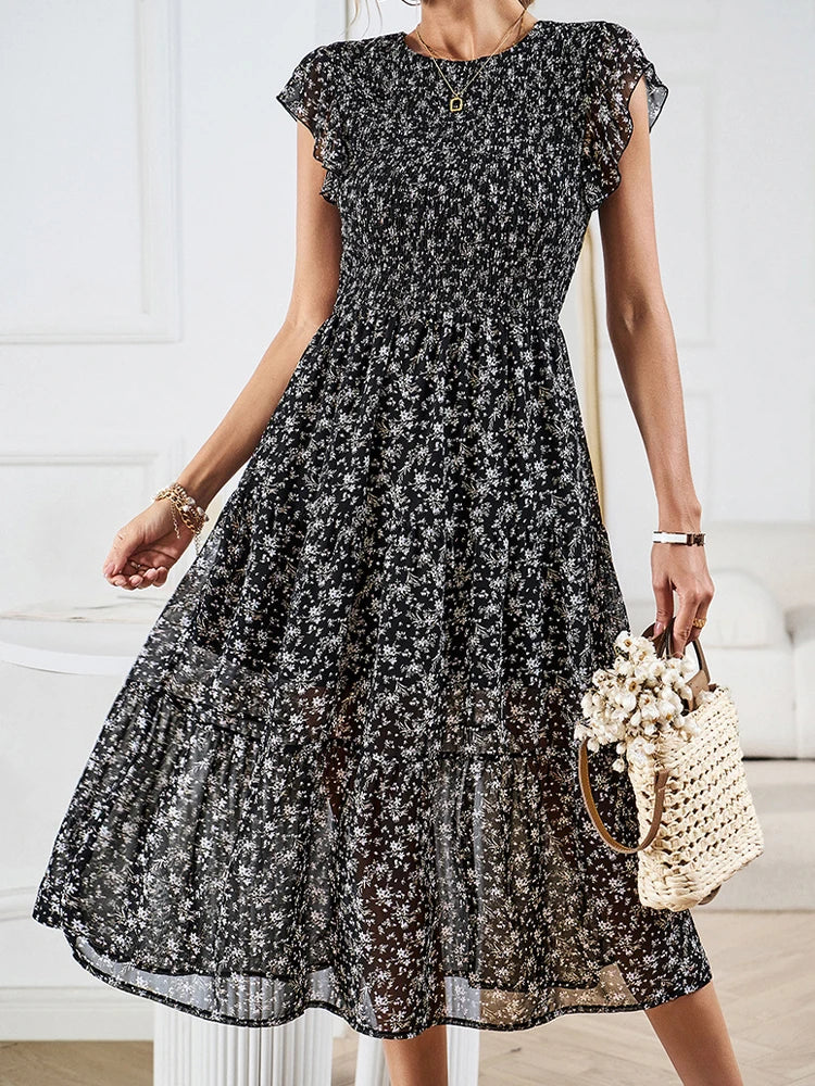 jinran Floral Long Dresses Women Summer Ruffle Sleeve Dress Female Elegant Chic Chiffon Dress Ladies Vintage Casual Pleated Vestidos
