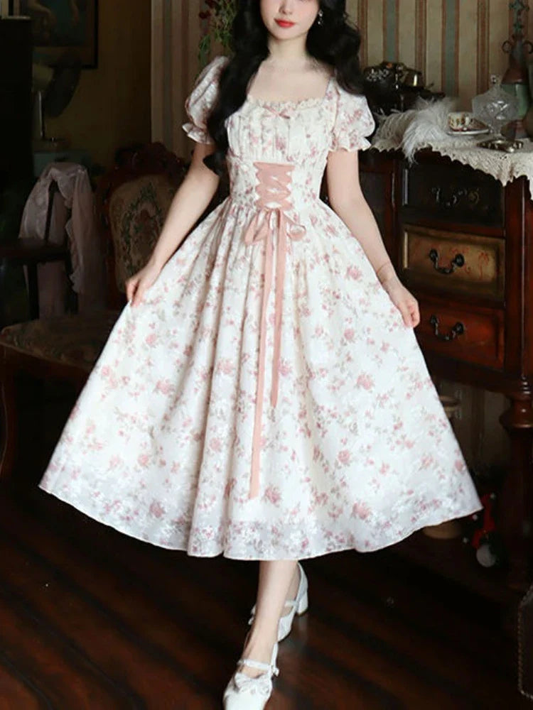 jinran Summer Lace Korean Fairy Dress Women Square Collar Princess Kawaii Floral Midi Dress Female Bandage Sweet Dresses Fashion