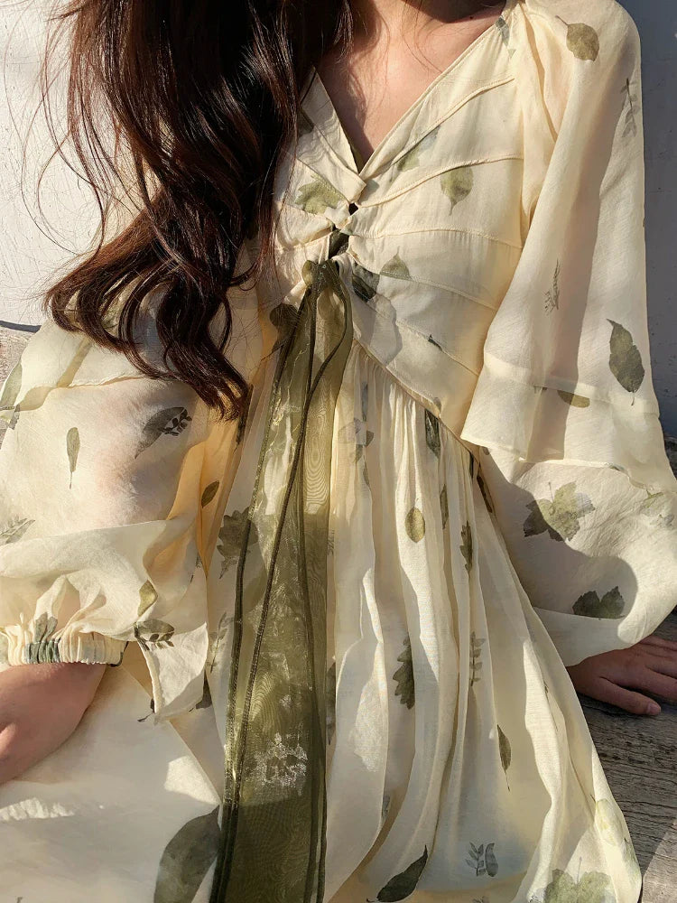 jinran French Vintage Floral Fairy Dress Women Casual Elegant Beach Style Party Dress Chiffon One Piece Dress Korean Women Summer
