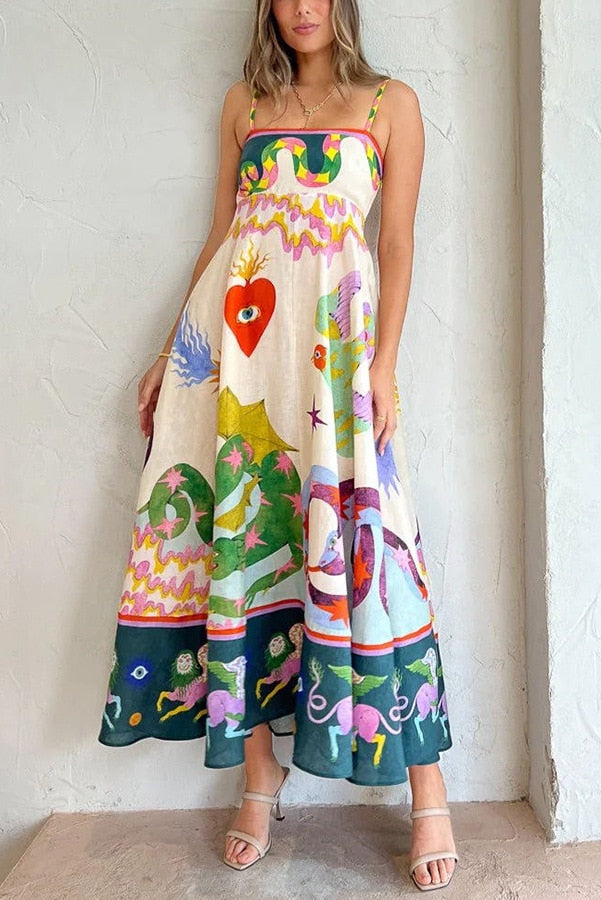 jinran summer new women's fashion casual ribbon color printed sleeveless dress