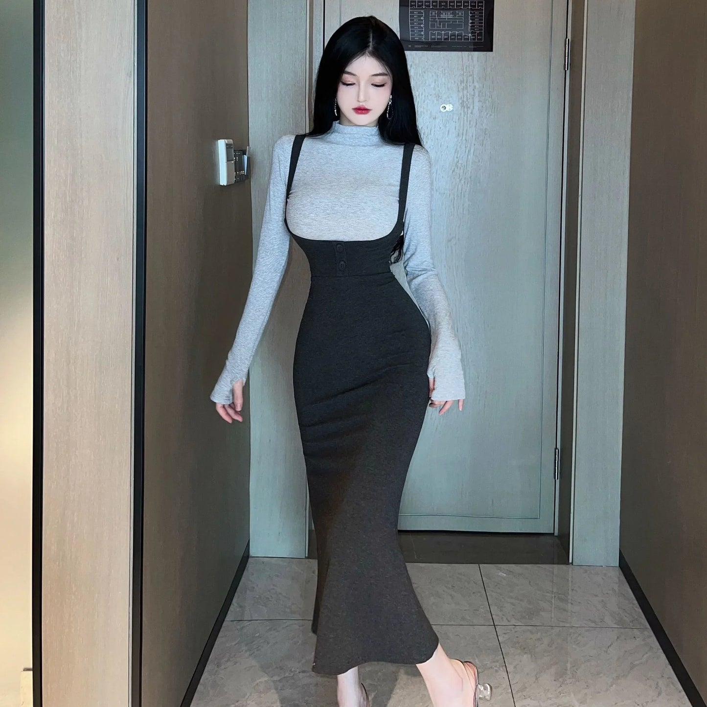 jinran 2024 Spring Autumn Women's Mature Sexy Spicy Girl Long Sleeve Knitted Top Slim Wrap Hip Half Dress Fashion Two Piece Set 0GKC